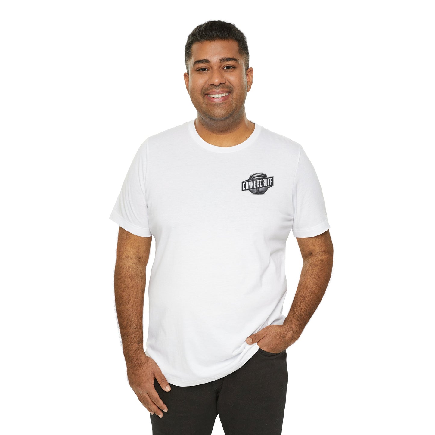 Connor Croff Small Black White Logo Front & Linear Back Unisex Jersey Short Sleeve Tee