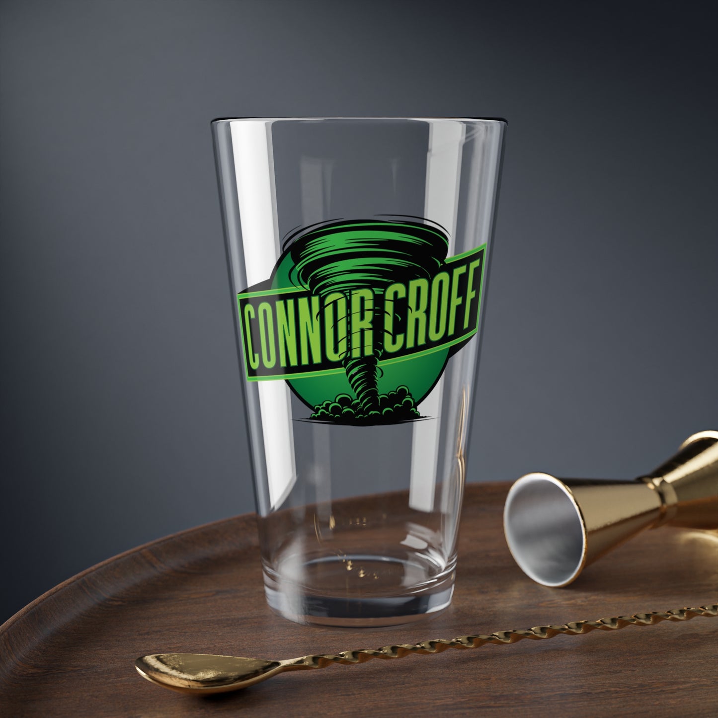 Connor Croff Green Tornado Logo 16oz Drinking / Mixing Glass