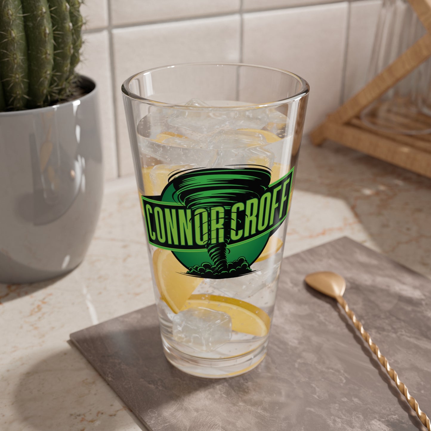 Connor Croff Green Tornado Logo 16oz Drinking / Mixing Glass