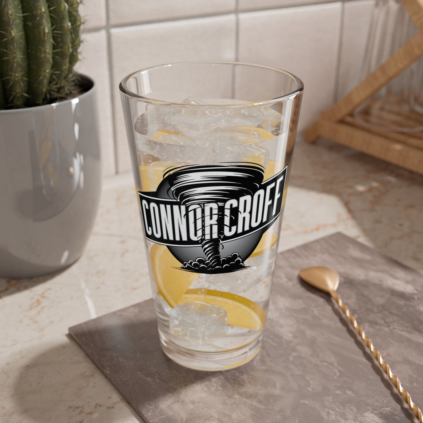 Connor Croff Black & White Tornado Logo 16oz Drinking / Mixing Glass